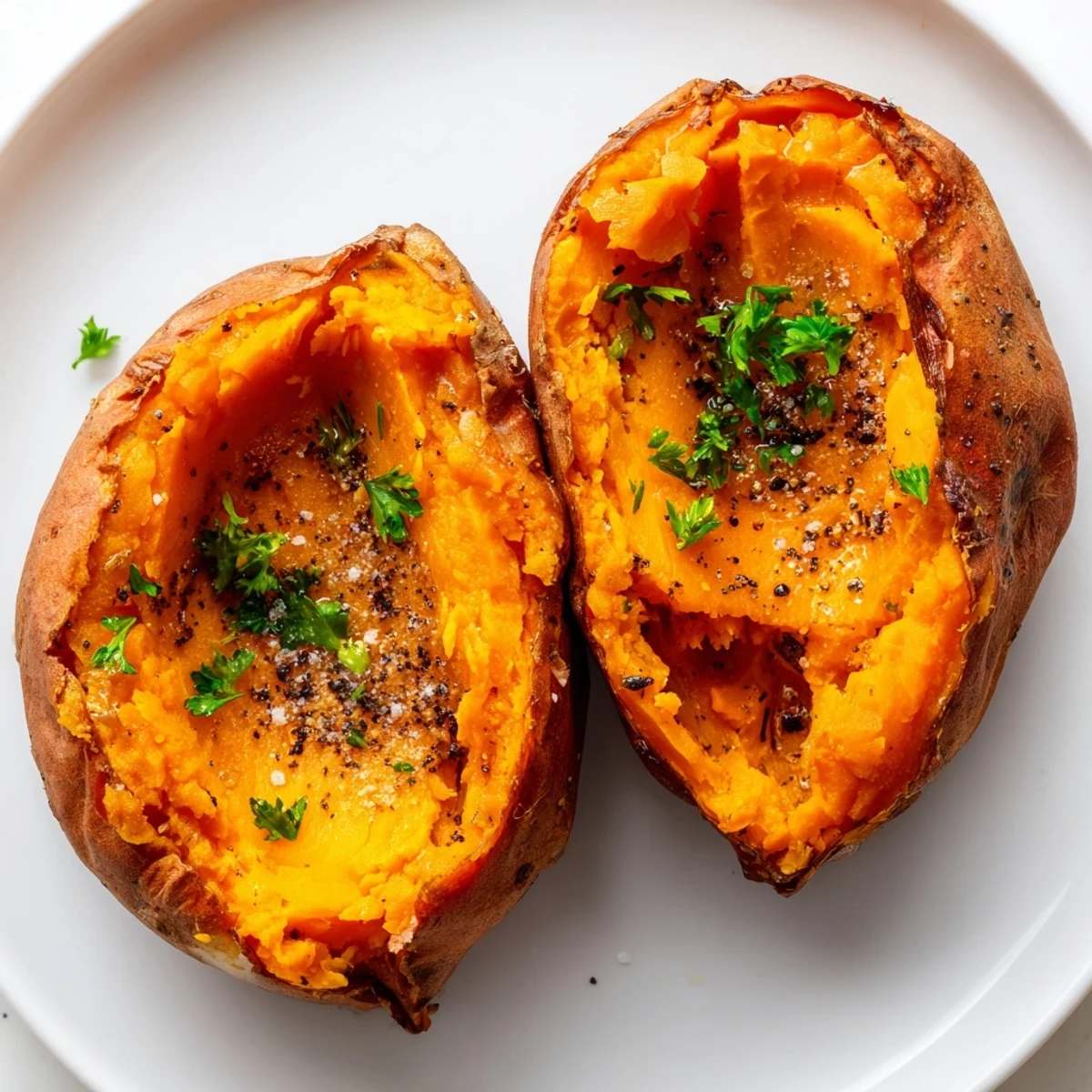 Steaming baked sweet potatoes, soft and fluffy interior, ready to be topped with fresh herbs.