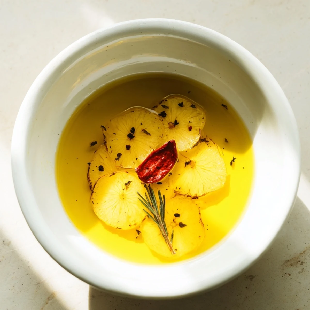 Close-up of golden garlic and herbs infusing the oil, the essence of Garlic-Infused Oil.