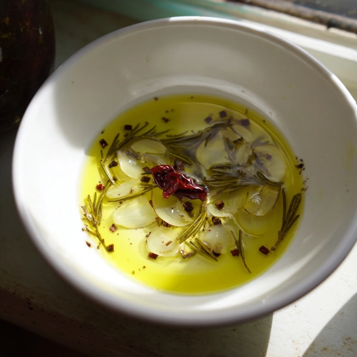Freshly strained Garlic-Infused Oil, perfect for dipping crusty bread, drizzled into a jar.
