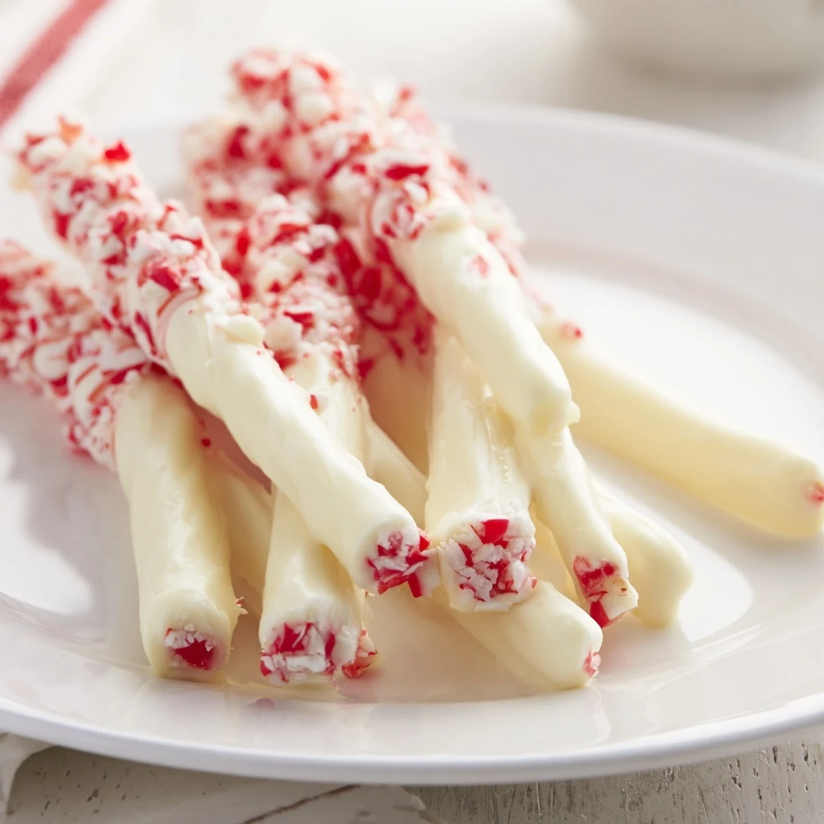 Peppermint stick garnish, dipped in white chocolate and peppermint bits, perfect for your holiday drinks!