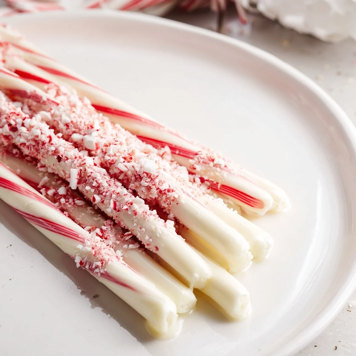 Crisp and colorful peppermint stick garnish arranged on a tray, ready to adorn your festive treats.