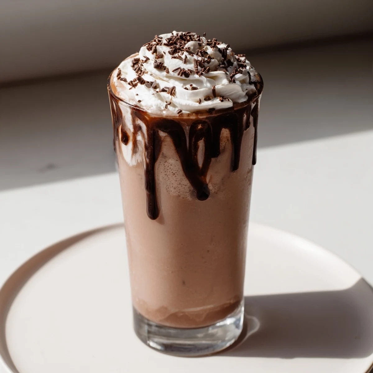 Creamy chocolate milkshake, topped with whipped cream, ready to enjoy this delightful, chilled, chocolate-packed beverage.