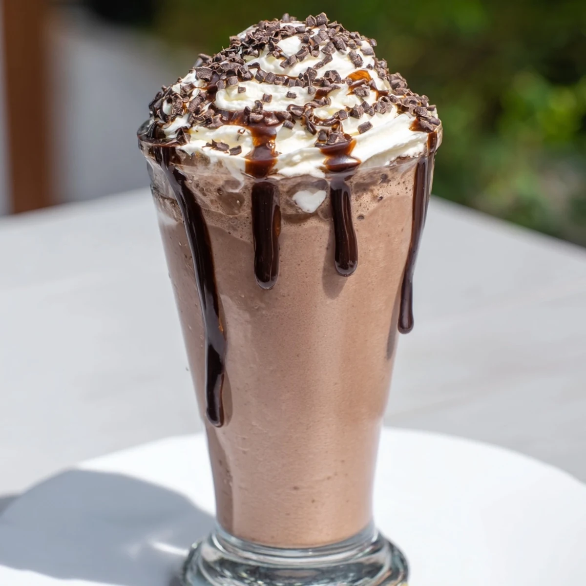 A close-up view of a perfectly blended chocolate milkshake, garnished with chocolate shavings for added flavor.