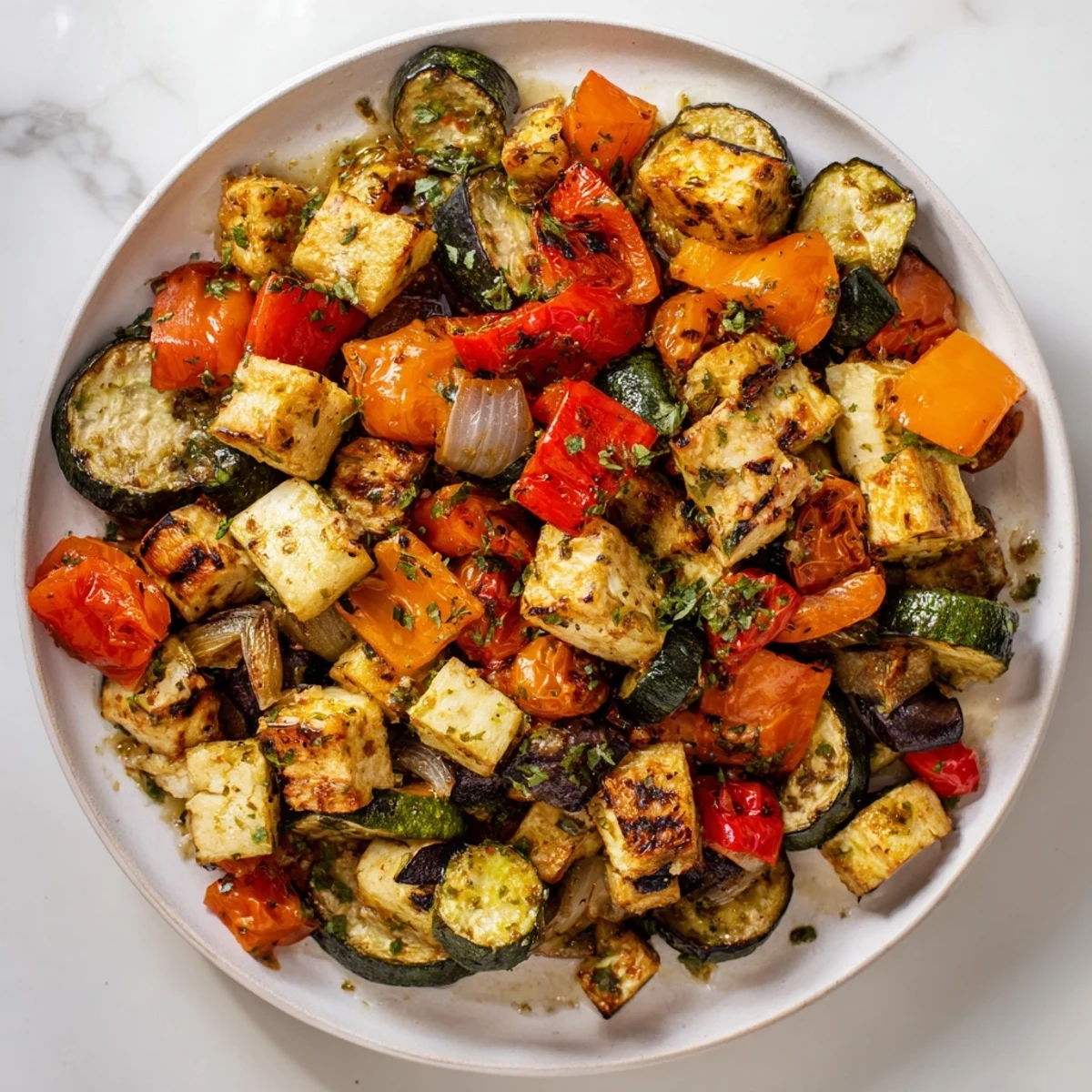 Warm, inviting serving of roasted vegetable medley, seasoned with herbs, ready to be enjoyed.