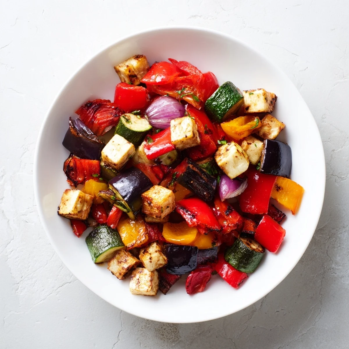 Vibrant overhead shot of a roasted vegetable medley brimming with caramelized, healthy goodness.