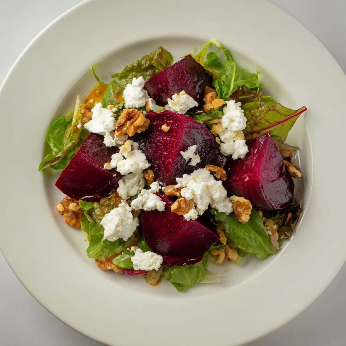 Freshly made Beet Salad, featuring tender roasted beets tossed with creamy goat cheese and walnuts.
