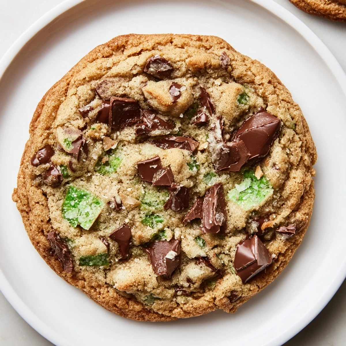 Golden-edged Mint Chocolate Chip Cookies, loaded with chocolate chips, ready to eat.