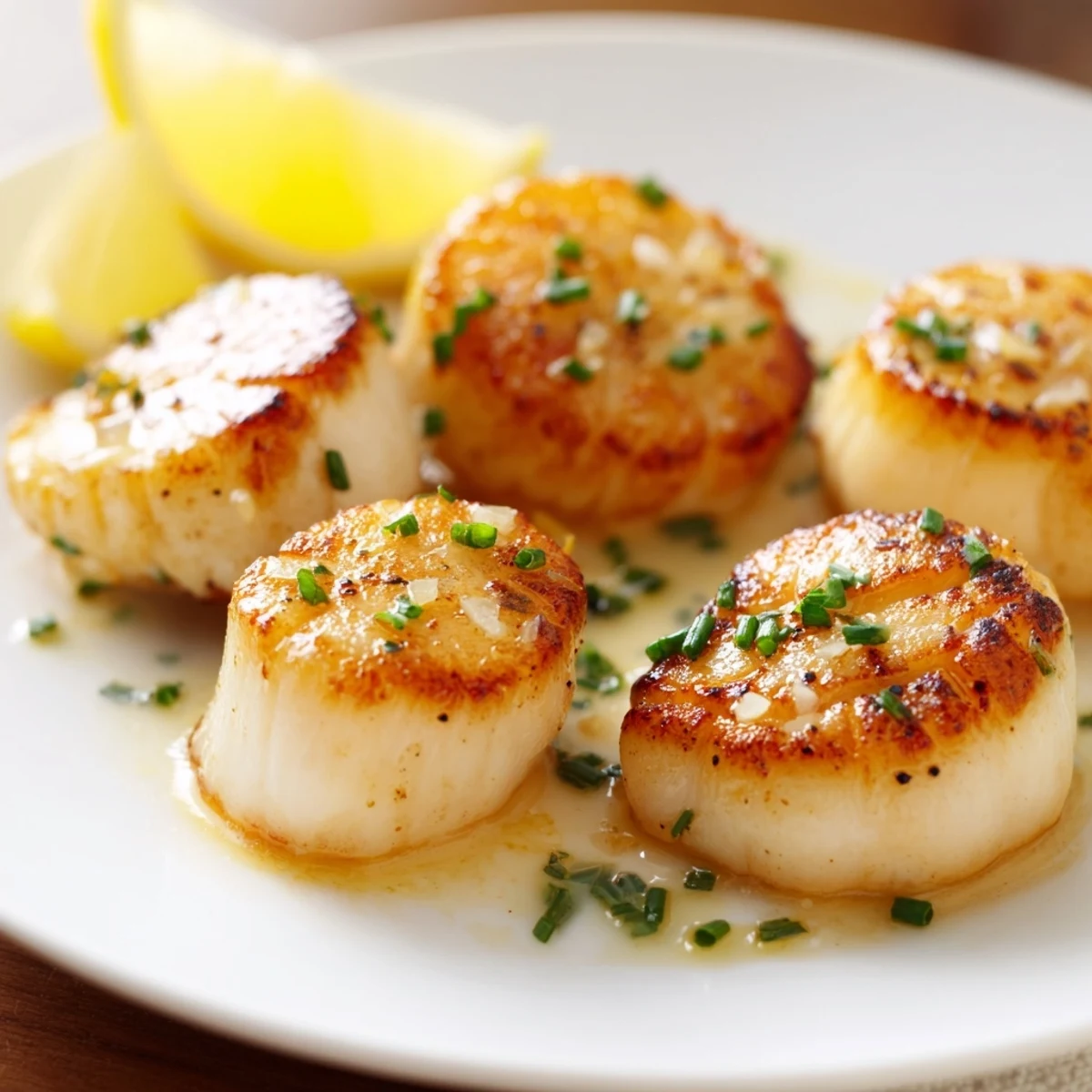 A close-up view of beautifully seared scallops, glistening with butter and sprinkled with fresh herbs.
