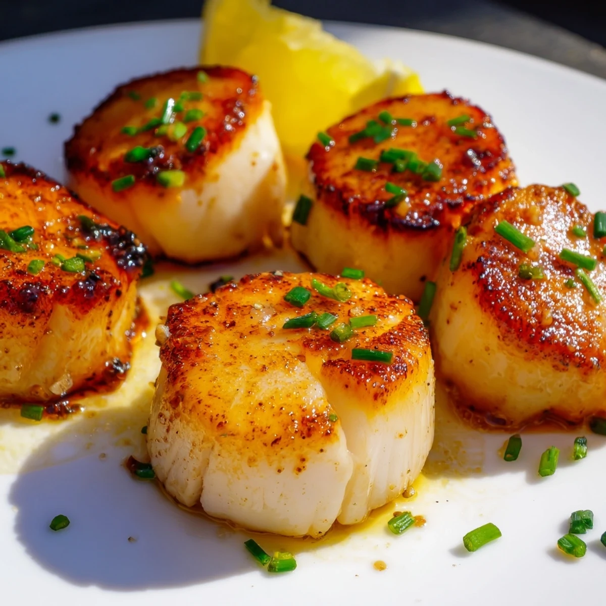 Delicious Seared Scallops, with a crispy golden crust, presented on a plate alongside lemon wedges.