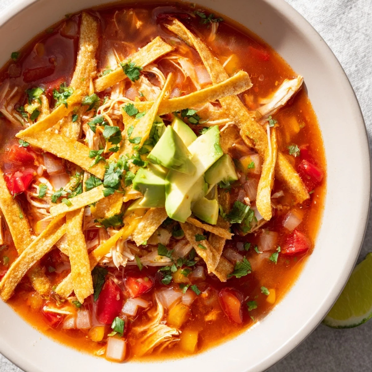 Enjoy a hearty tortilla soup, where tender chicken and crispy tortillas combine perfectly.