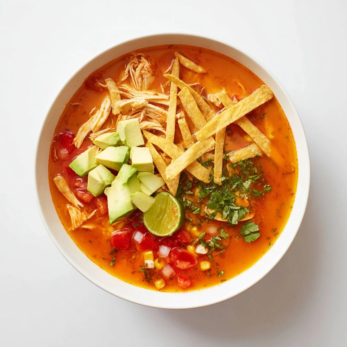 A close-up of a flavorful tortilla soup, showcasing the richness with fresh cilantro.