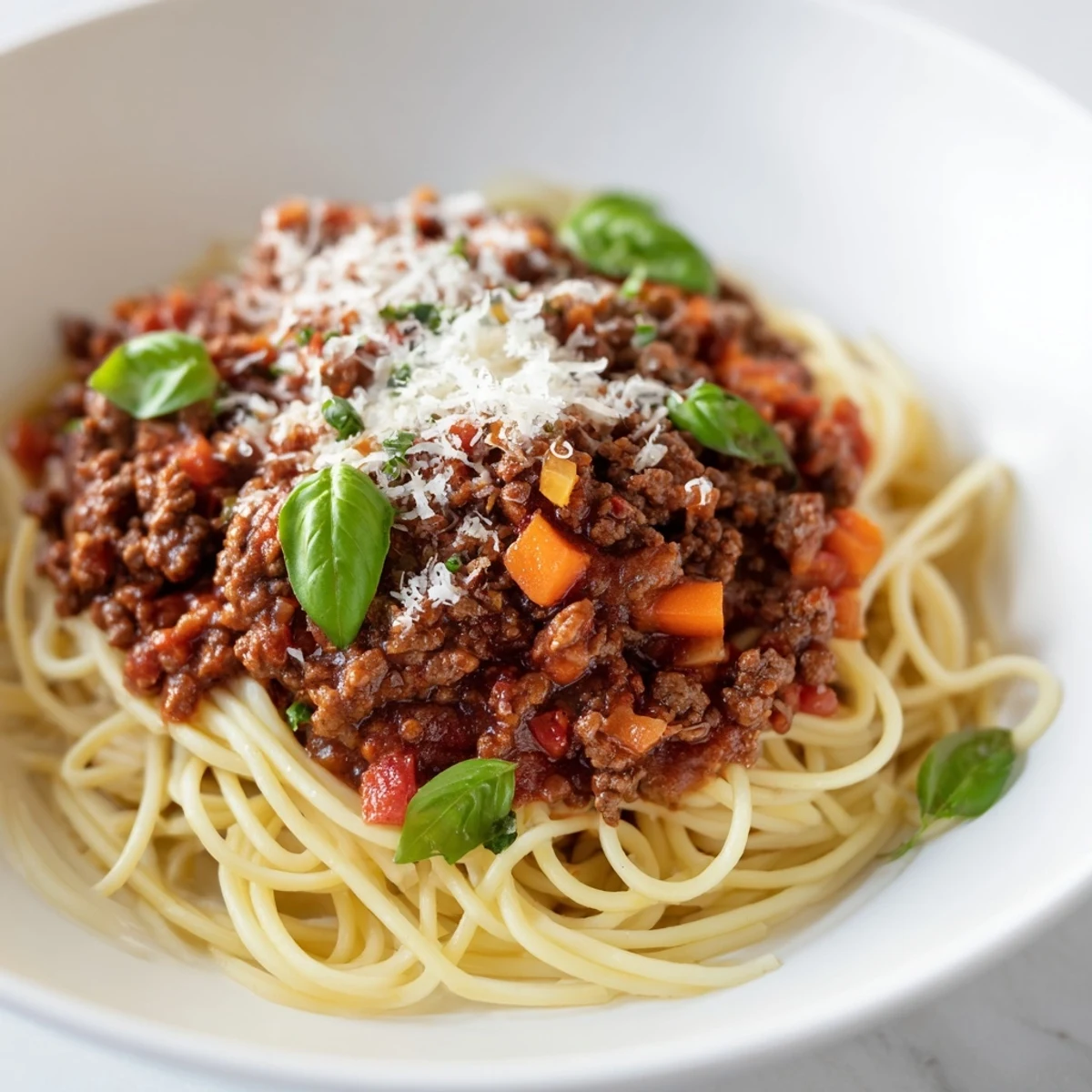 A steaming bowl of Beef Bolognese, rich with tomatoes and served over perfectly cooked pasta.