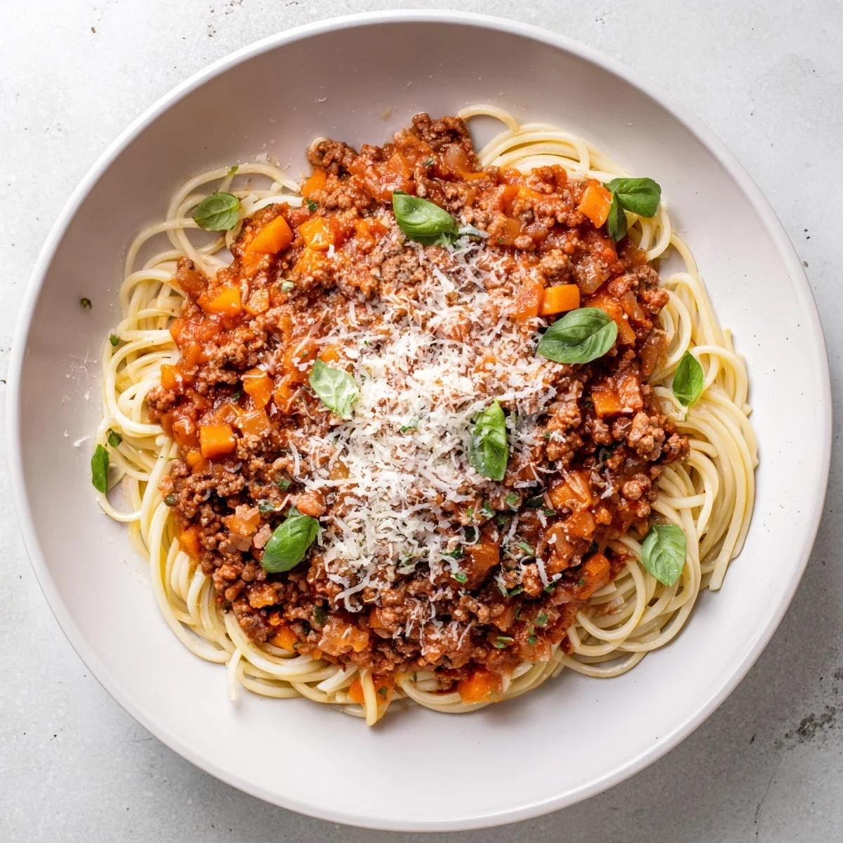 Hearty Beef Bolognese, glistening with olive oil and topped with fresh basil, ready to be enjoyed.