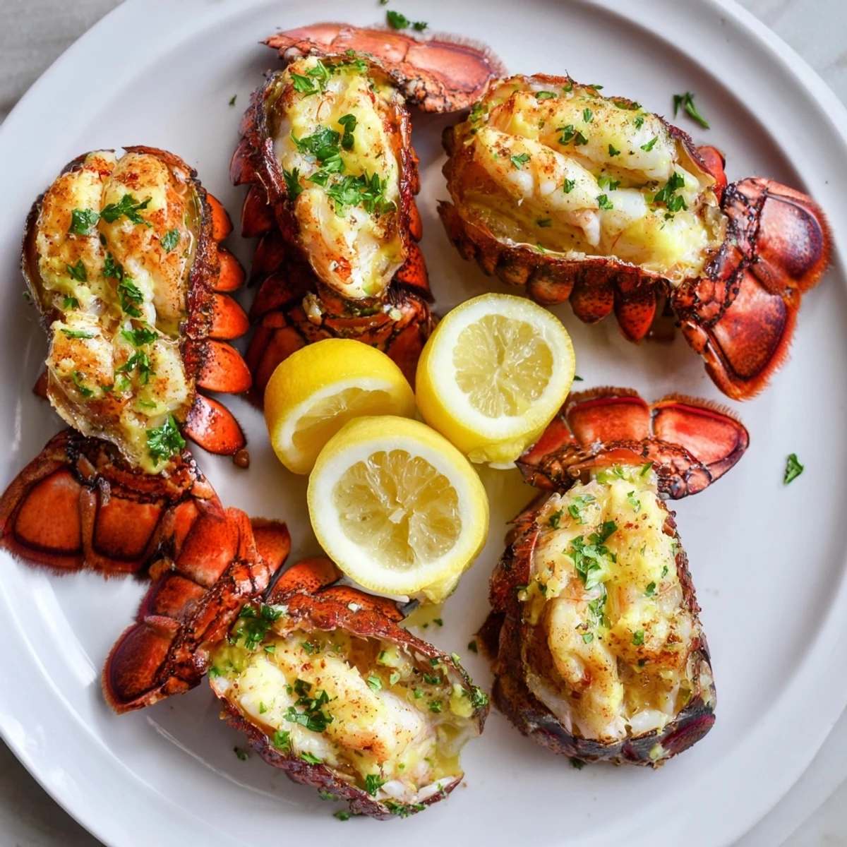 Golden-brown broiled lobster tails, brushed with garlic butter, ready for a luxurious seafood dinner.