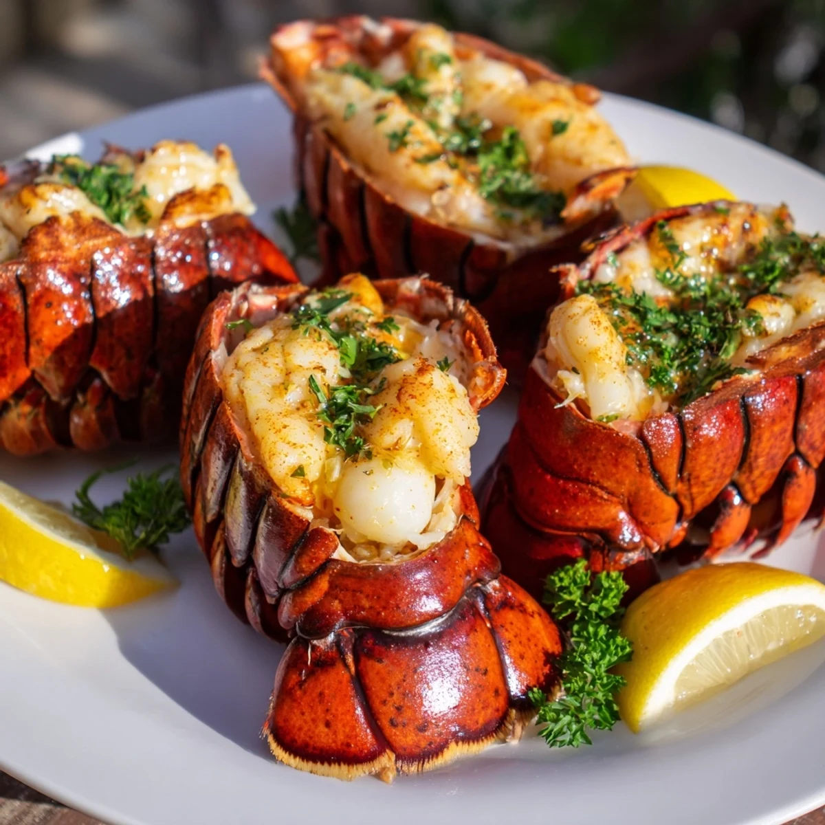 Close-up of butterflied lobster tails, broiled to tender perfection, ideal with lemon wedges.