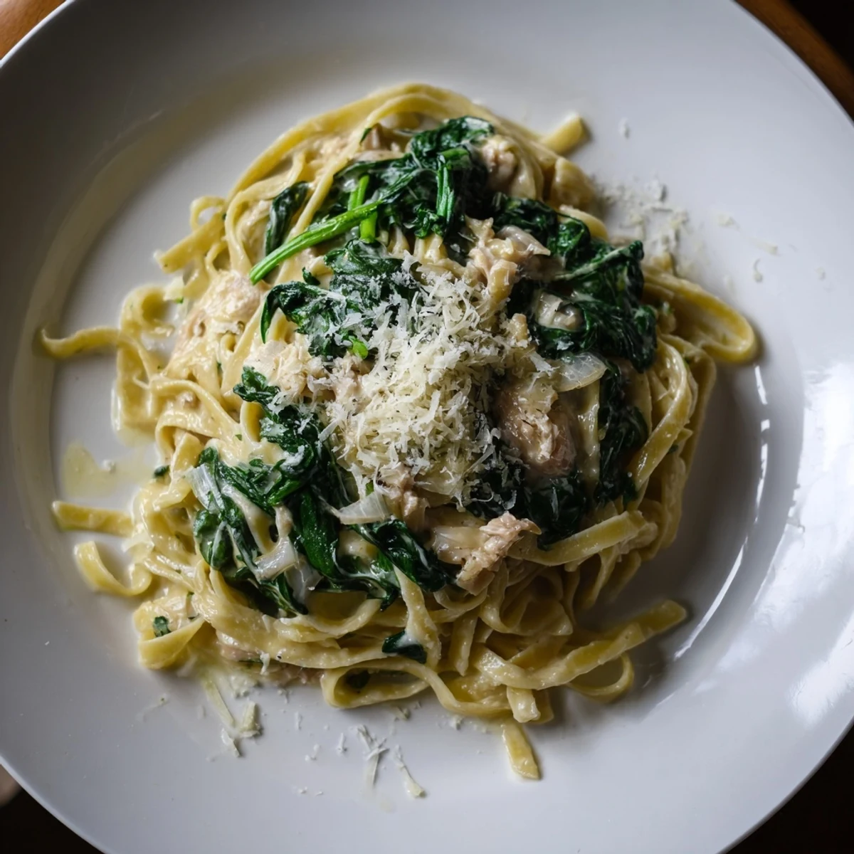 Steaming bowl of Spinach Pasta: creamy sauce coats pasta with fresh spinach and Parmesan.