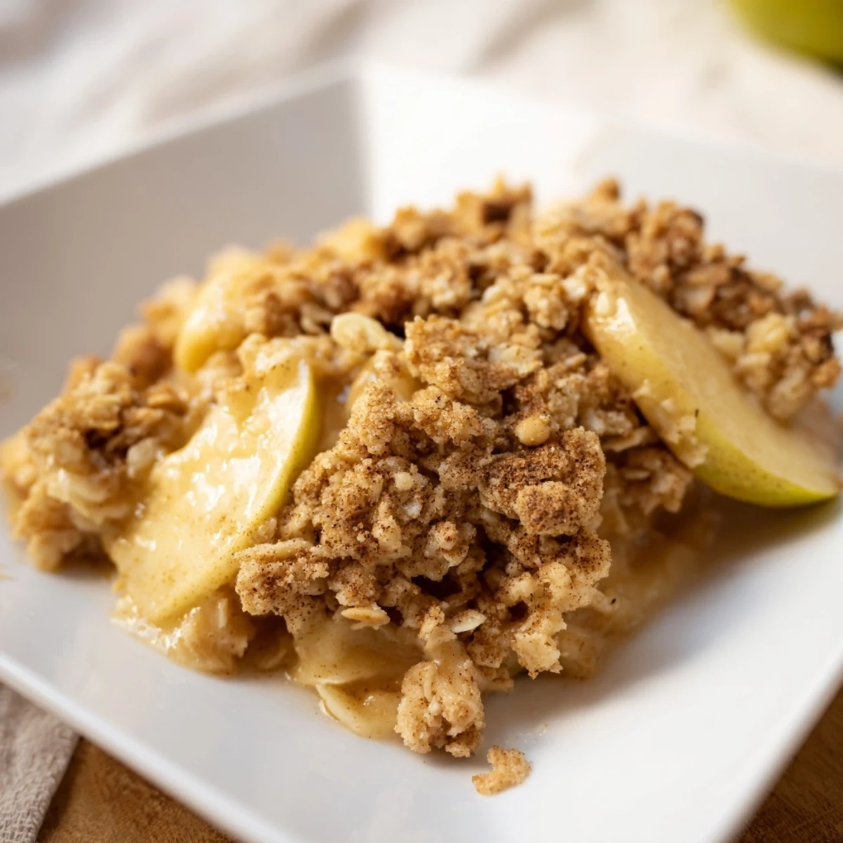 Golden, bubbly Apple Crisp, a classic American dessert with a crisp oat topping, ready to serve.
