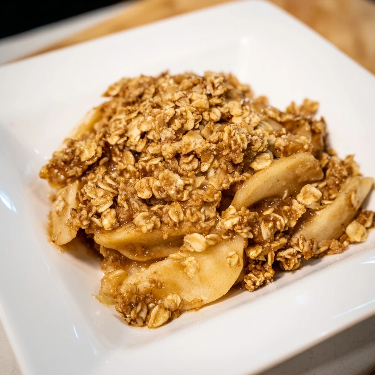 Warm, cinnamon-spiced Apple Crisp, featuring tender apples and a buttery, golden brown crumble.