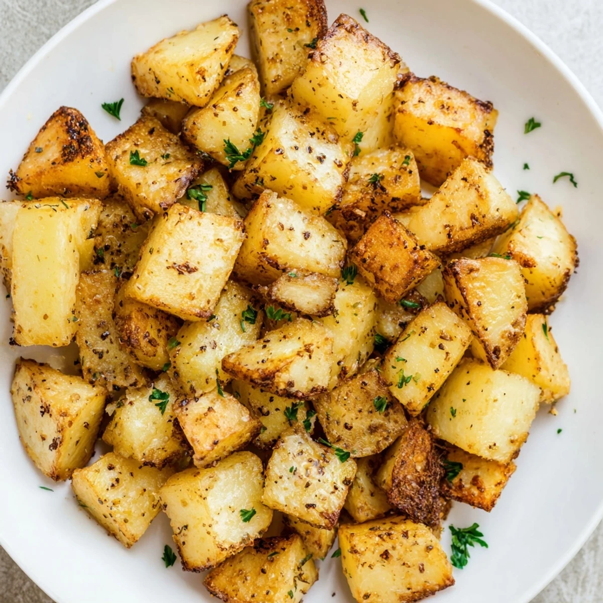 Perfectly seasoned, glistening roasted potatoes with herbs, offering a delightful aroma and texture.