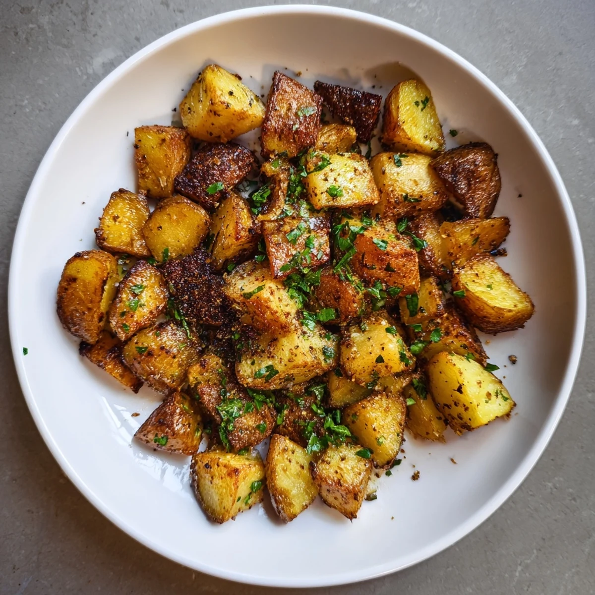 Golden-brown roasted potatoes, crispy from the oven, ready to serve as a delicious side.