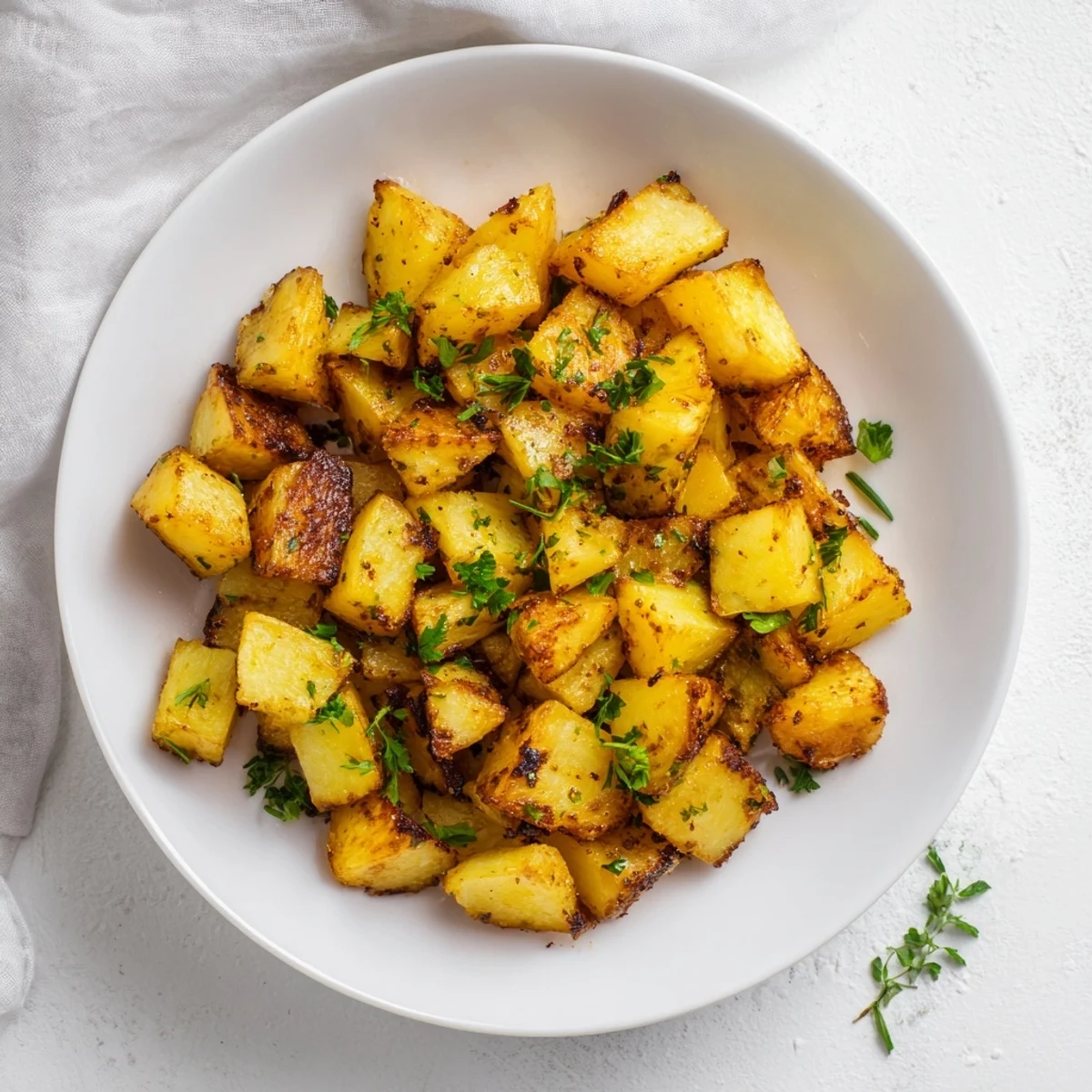 A close-up of crispy roasted potatoes sprinkled with parsley, an easy and flavorful side dish.