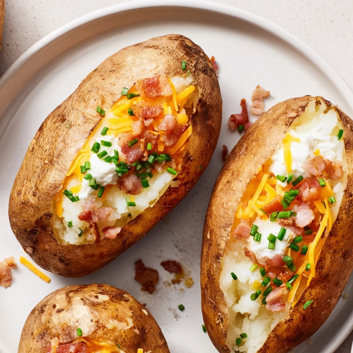 Fluffy baked potato with crispy skin, ready for toppings, a classic American side dish.
