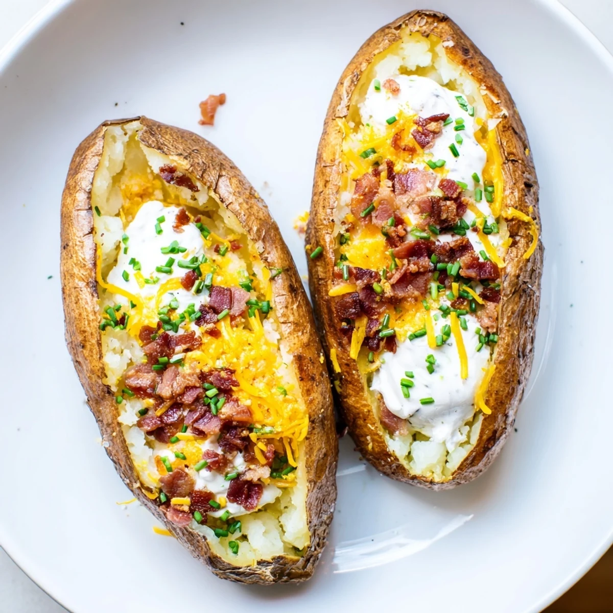 A close-up of a perfectly baked potato with a soft inside, ideal for loading with fixings.