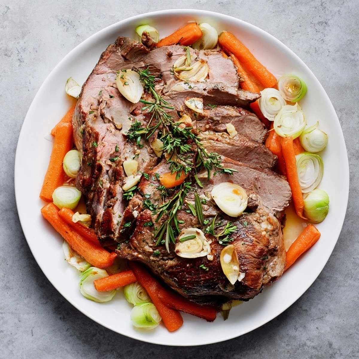 Tender roast lamb, glistening after cooking, served with roasted vegetables and herbs.