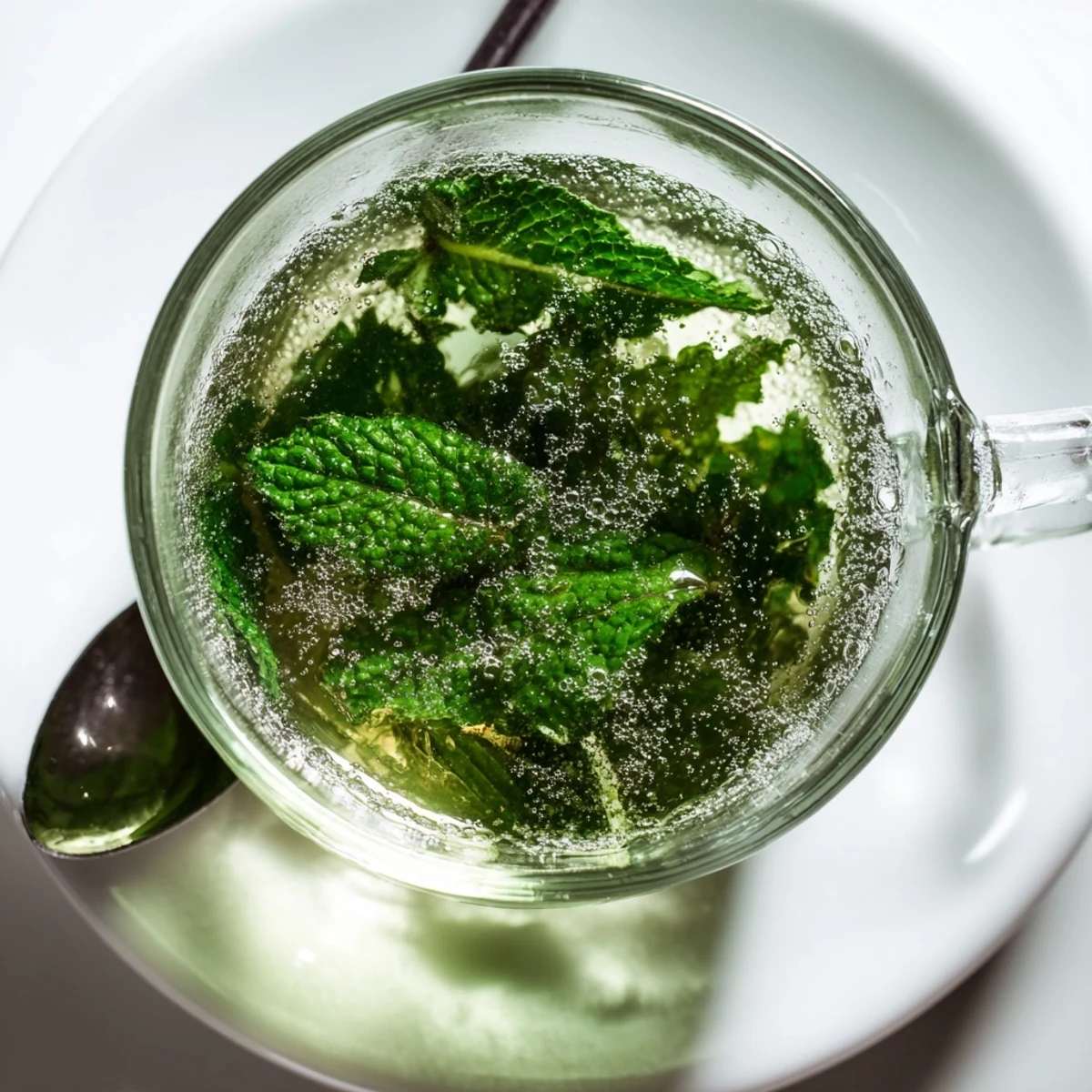 Steaming cup of Mint Tea, garnished with fresh mint sprigs, perfect for a cozy afternoon.