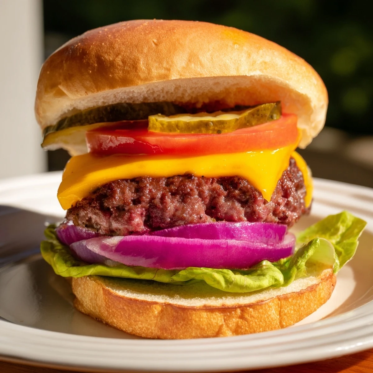 Juicy beef burger with melted cheese, crisp lettuce, and fresh tomato, ready to eat.