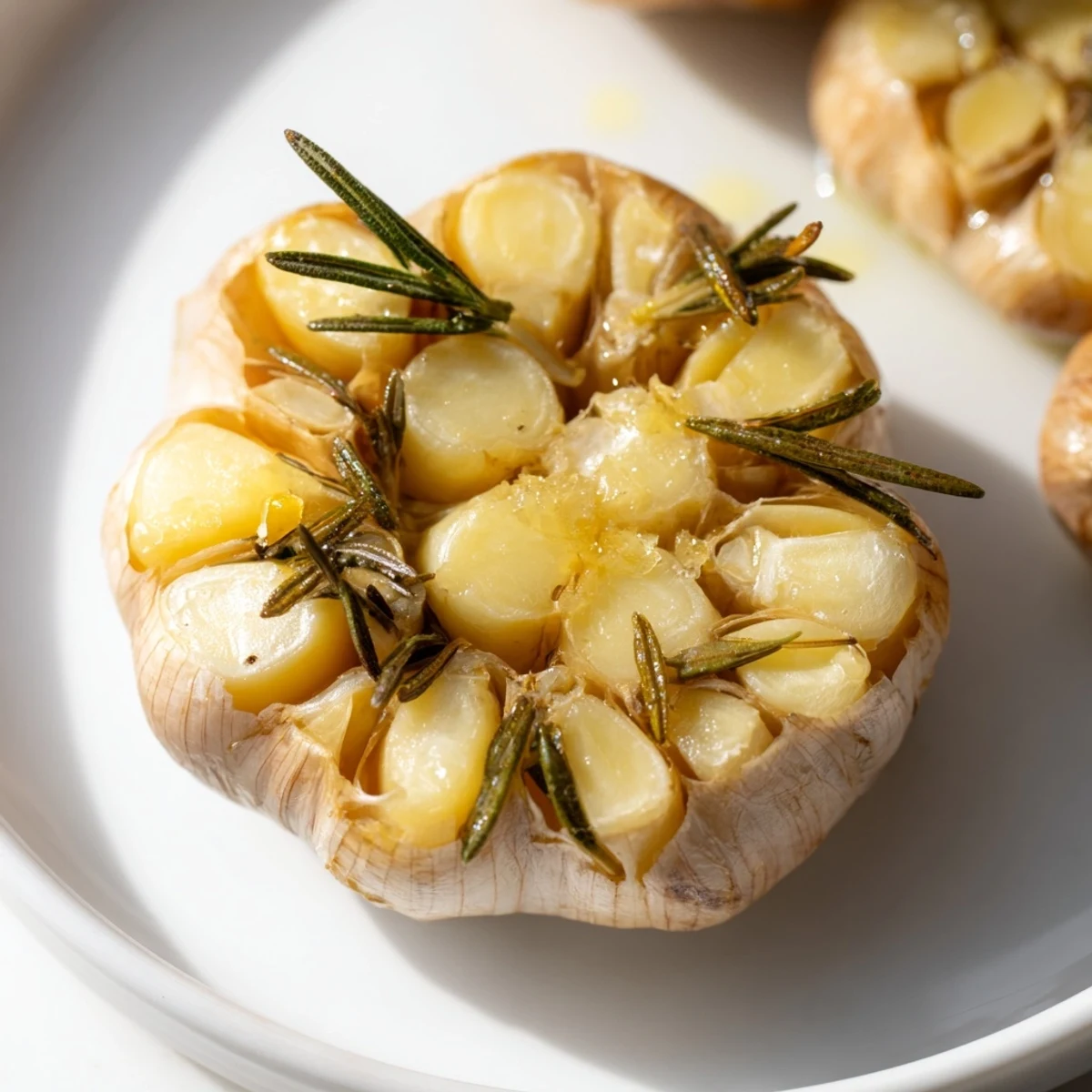 Golden-brown roasted whole garlic bulb, soft and spreadable, ready to enhance any dish.