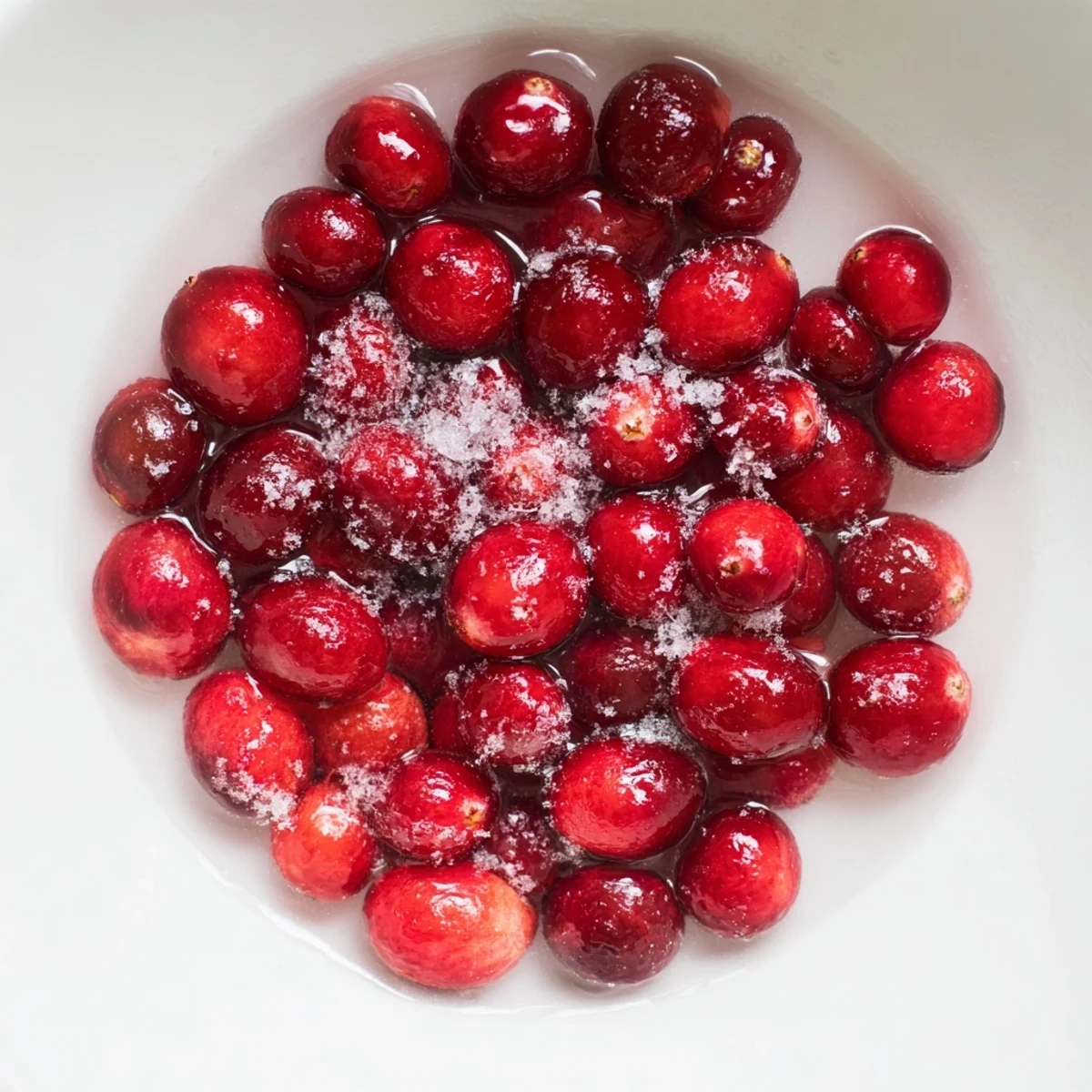 Close-up of freshly made Garnish Cranberry, shimmering from the sugar coating, perfect for desserts.