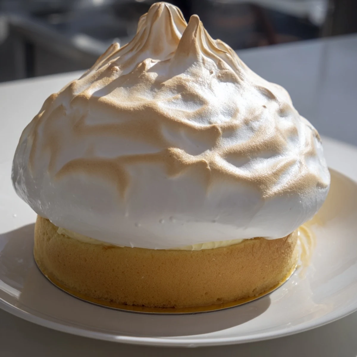 A beautifully browned Baked Alaska with a fluffy meringue, ready to slice and serve.