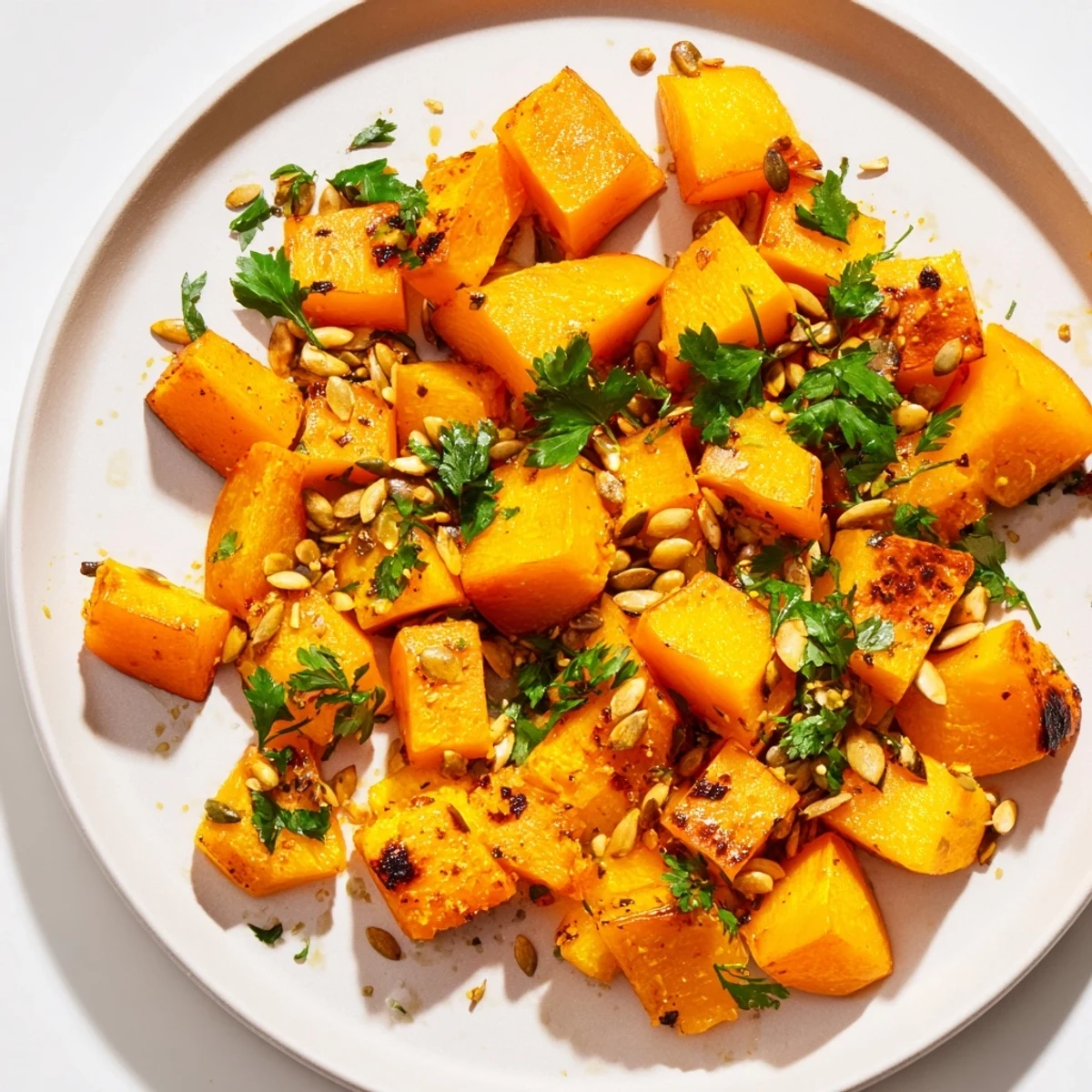 Warm and savory roasted pumpkin, tender with hints of thyme, a fantastic vegan dish.