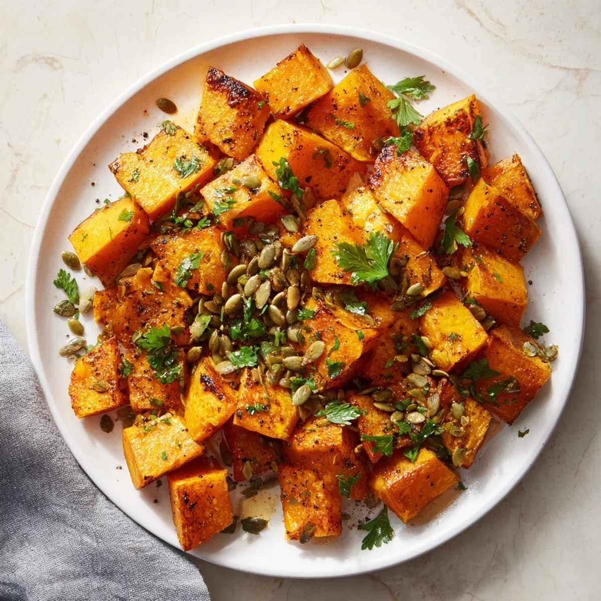 Golden, caramelized roasted pumpkin cubes glistening, ready to serve as a flavorful side.