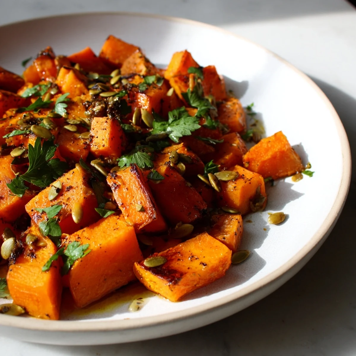 Perfectly cooked roasted pumpkin with crispy edges, inviting aroma, ideal for any meal.