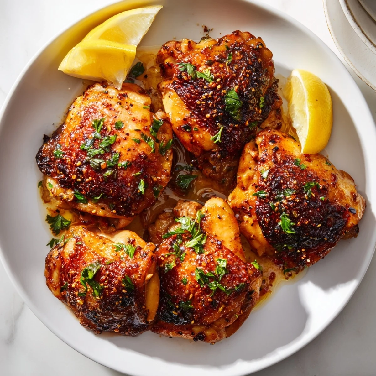 Tender, juicy Vinegar Spiced Chicken thighs, beautifully seared and roasted in their zesty, flavorful marinade.