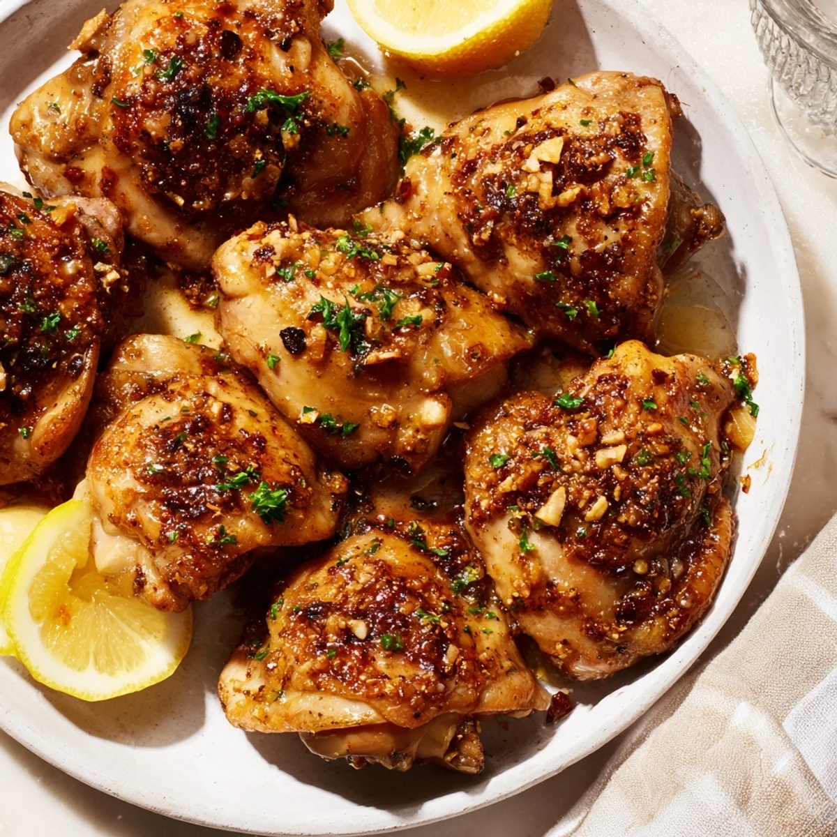 Fresh parsley garnishes the savory Vinegar Spiced Chicken, ideal served with lemon wedges and roasted vegetables.