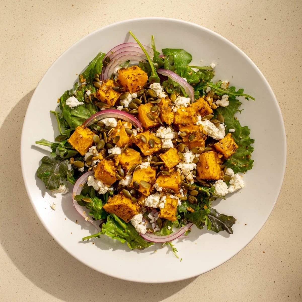 Golden roasted pumpkin salad with feta cheese, a colorful vegetarian delight ready to eat.