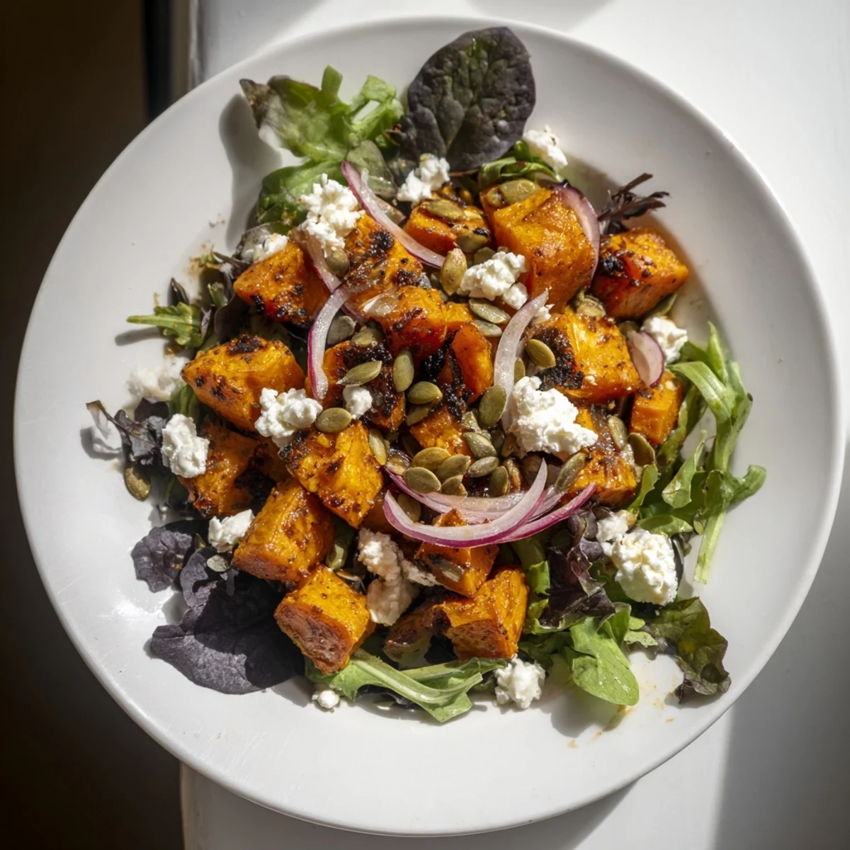 A bowl of the roasted pumpkin salad with feta; sweet roasted pumpkin cubes and crumbled cheese.
