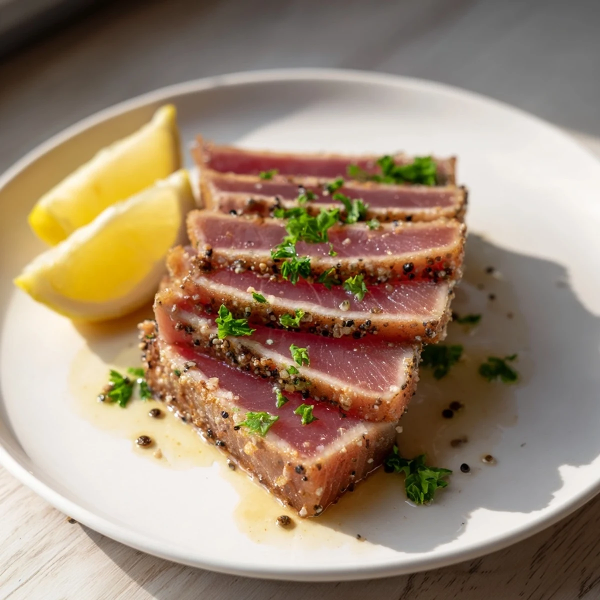 Savory Pan Seared Tuna Steaks, glistening with olive oil, ready to be enjoyed with a squeeze of lemon.