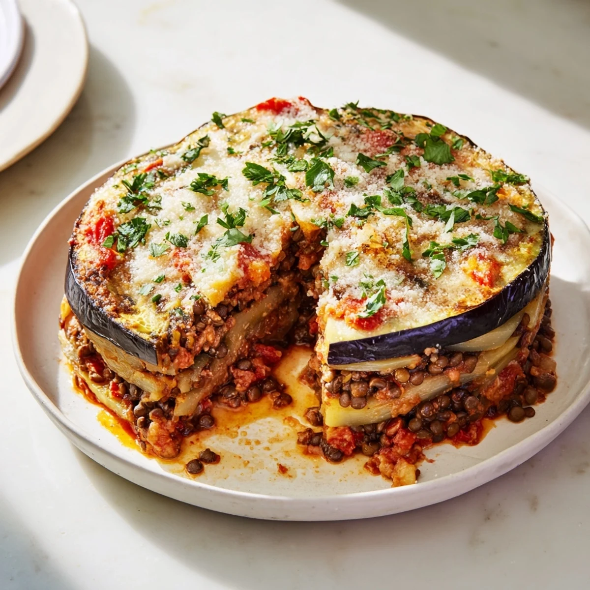 A close-up of bubbling Vegetarian Moussaka with lentils, its creamy topping promising a hearty, veggie meal.