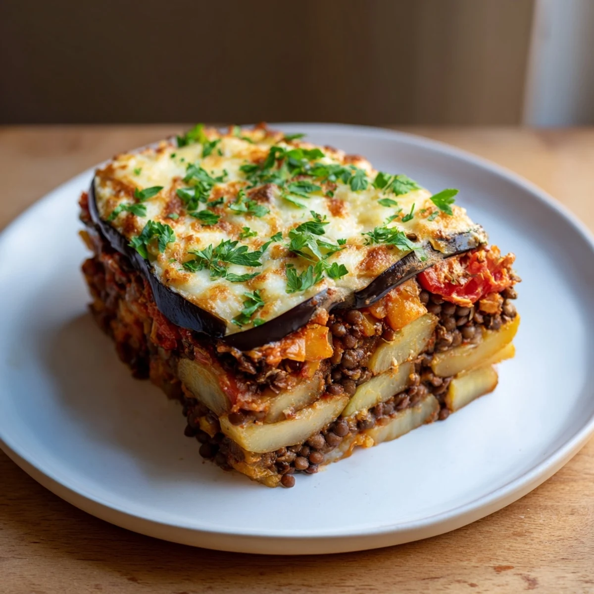 Golden-brown layers of Vegetarian Moussaka with lentils, béchamel sauce, and roasted eggplant in a baking dish.