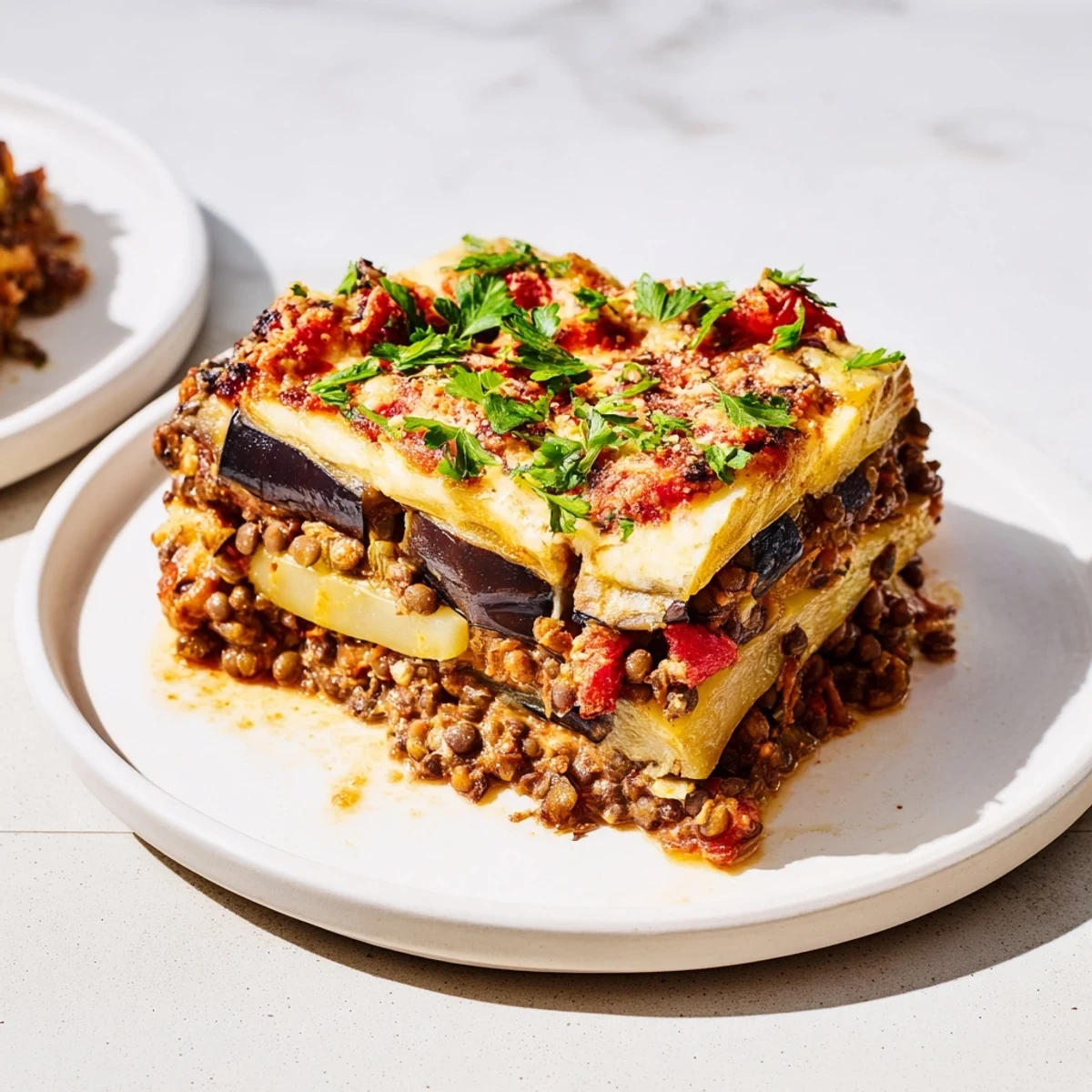 Enjoy a slice of homemade Vegetarian Moussaka with lentils, featuring tender eggplant and a rich, savory ragu.