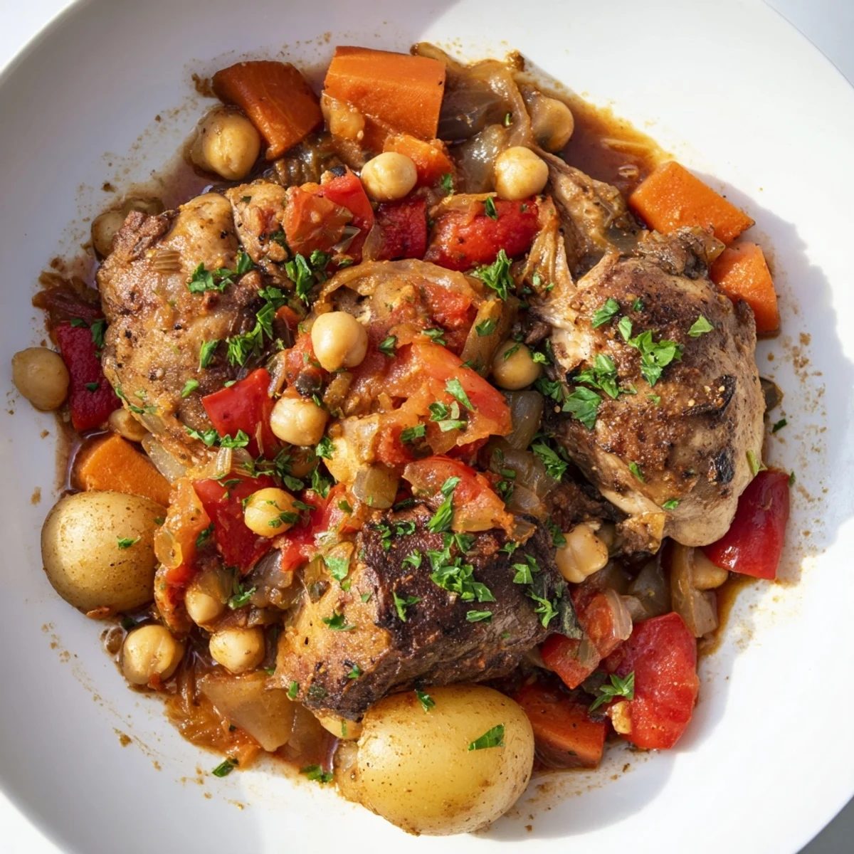 Slow Cooked Chicken and Chorizo-Free Stew, a richly spiced, tender chicken stew in a deep, earthenware bowl.