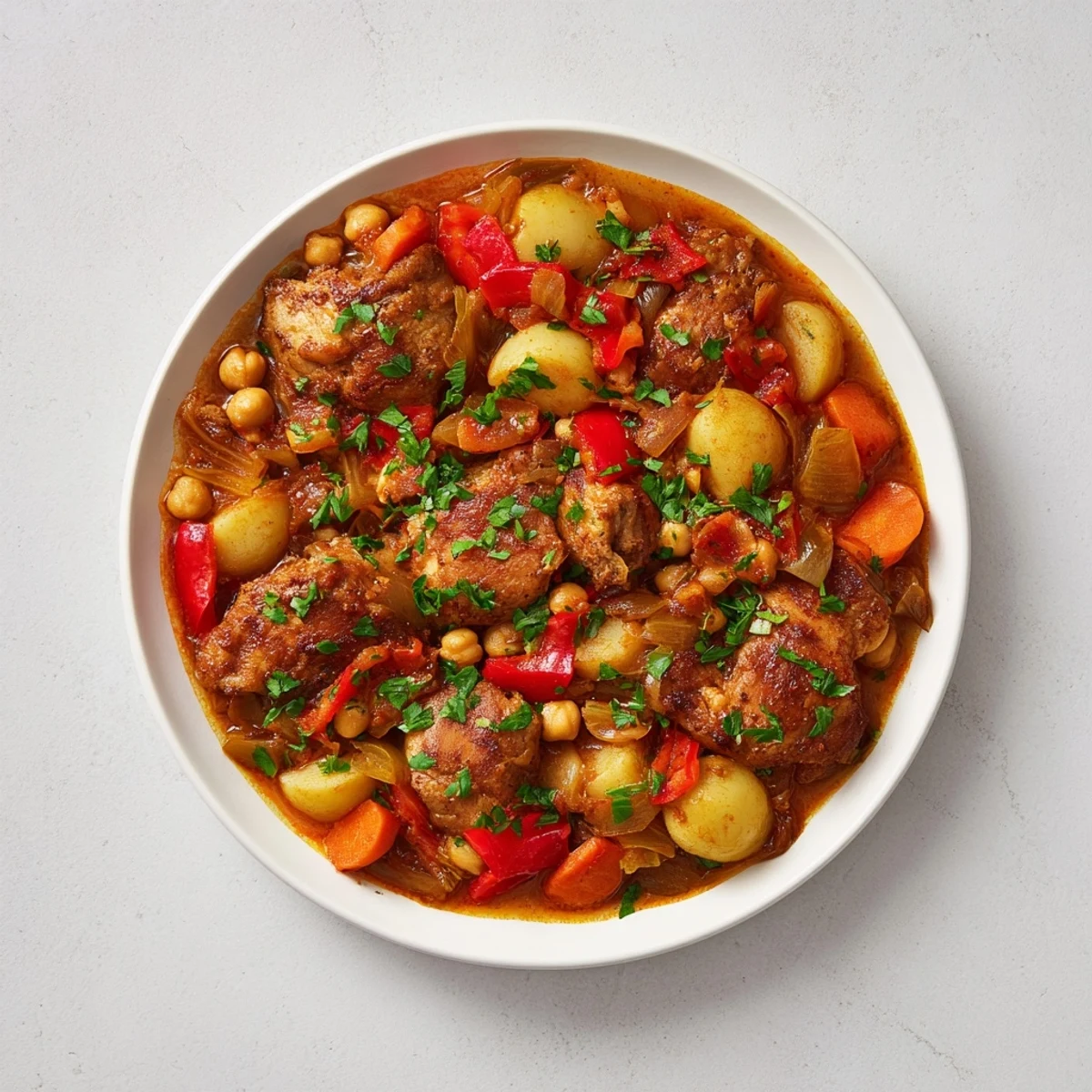 Imagine a vibrant, hearty Slow Cooked Chicken and Chorizo-Free Stew, full of vegetables and delicious chicken chunks.