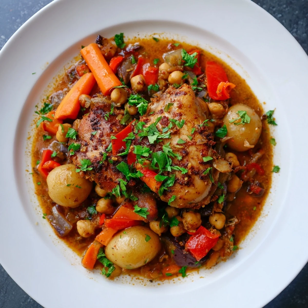 See a steaming bowl of Slow Cooked Chicken and Chorizo-Free Stew, ready to serve with fresh parsley garnish.