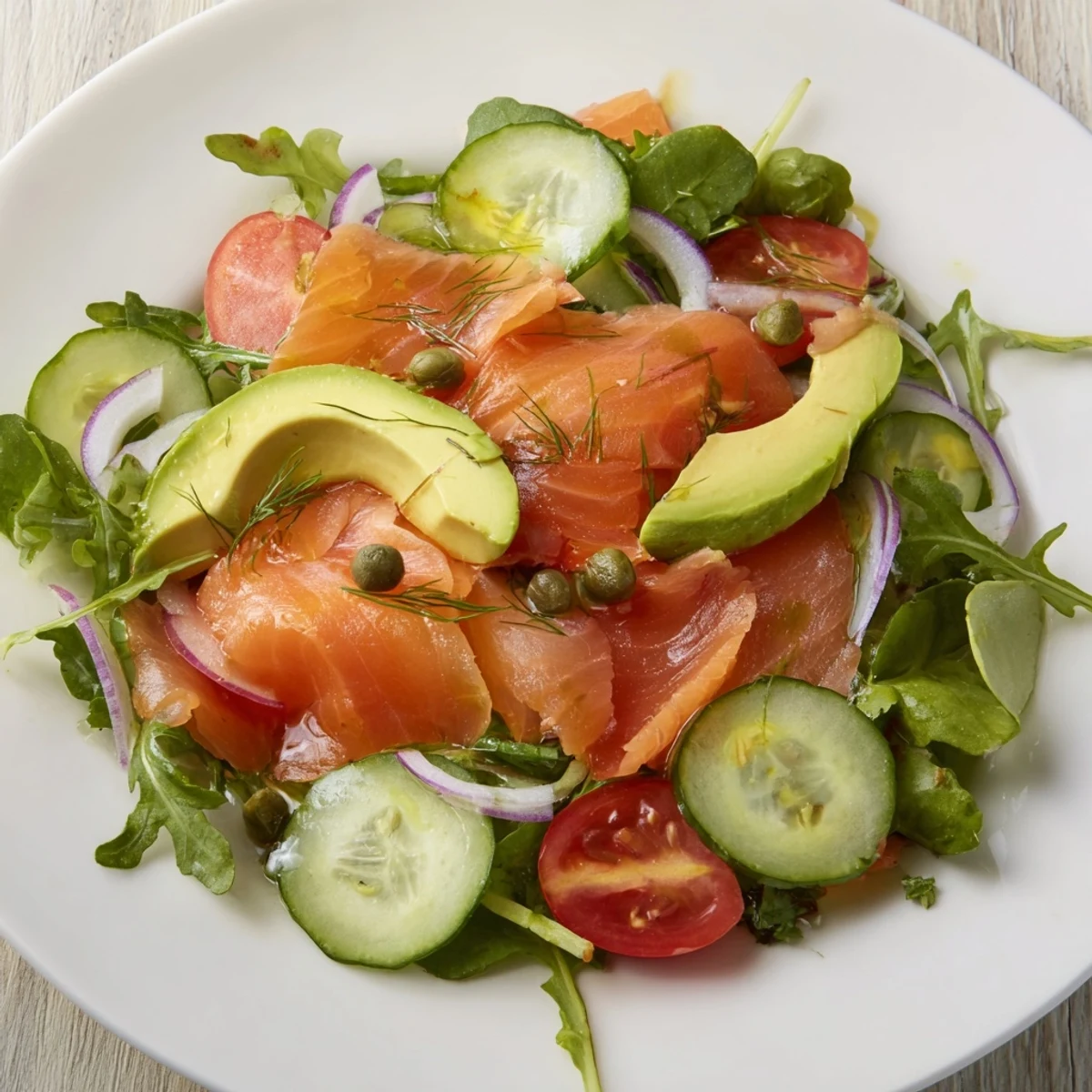 Close-up of Smoked Salmon Salad with Avocado, showcasing the fresh, creamy textures and flavor.