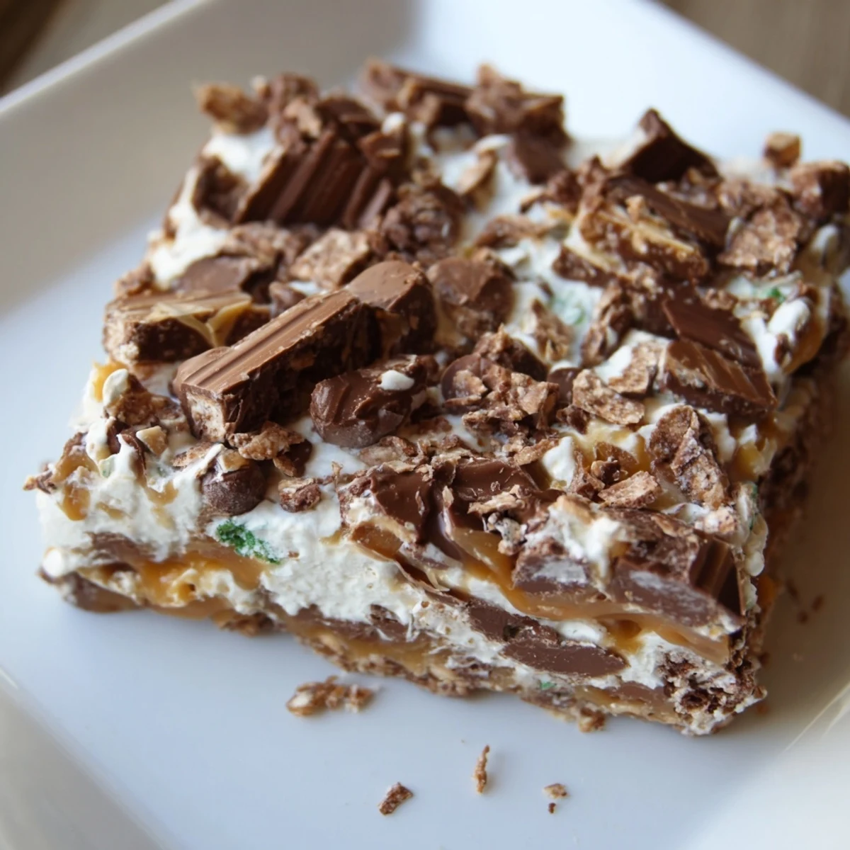 A beautiful, chilled slice of Peppermint Crisp Slice, ready to be enjoyed as a cool dessert.