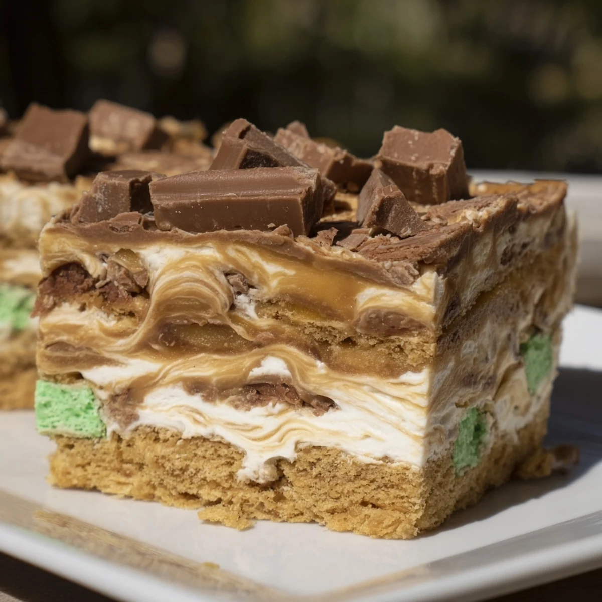 Perfectly chilled Peppermint Crisp Slice, a no-bake South African delight, with a minty-chocolate topping.